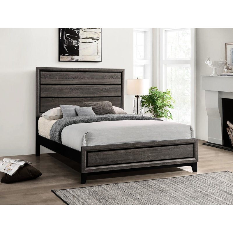 Grand lit rustique en chêne gris rustique, avec une structure et un panneau accueillant pour la chambre à coucher, combinant robustesse et confort pour un sommeil profond