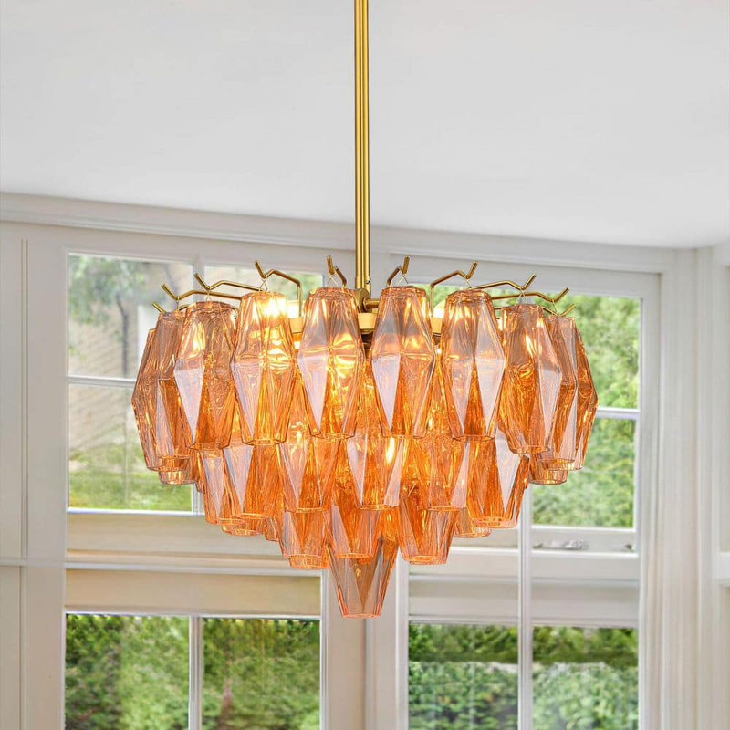 Fenella 4 - Light 17'' Dimmable Luxury Tiered Round Pendant Light With Amber Glass, Gold