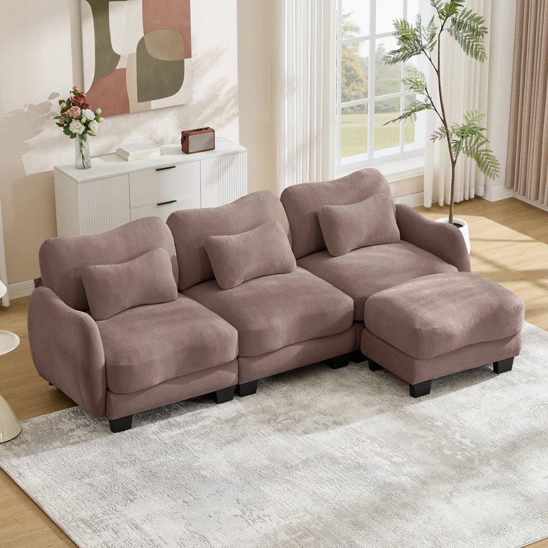 Canapé en L Chenille avec 1 repose-pieds mobile, canapé modulaire surdimensionné à 3 places avec 3 coussins de taille exquise, conception ergonomique, canapé modulaire facile à assembler pour le bureau du salon, rose cendré