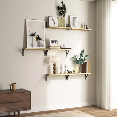 12-Piece 6-Shelf Rectangle Wood Floating Wall Shelf with Rustic Set and Hooks