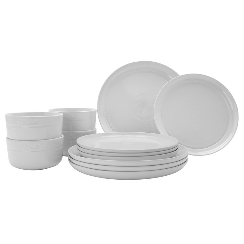 12 Piece Ceramic Dinnerware Set, White, White