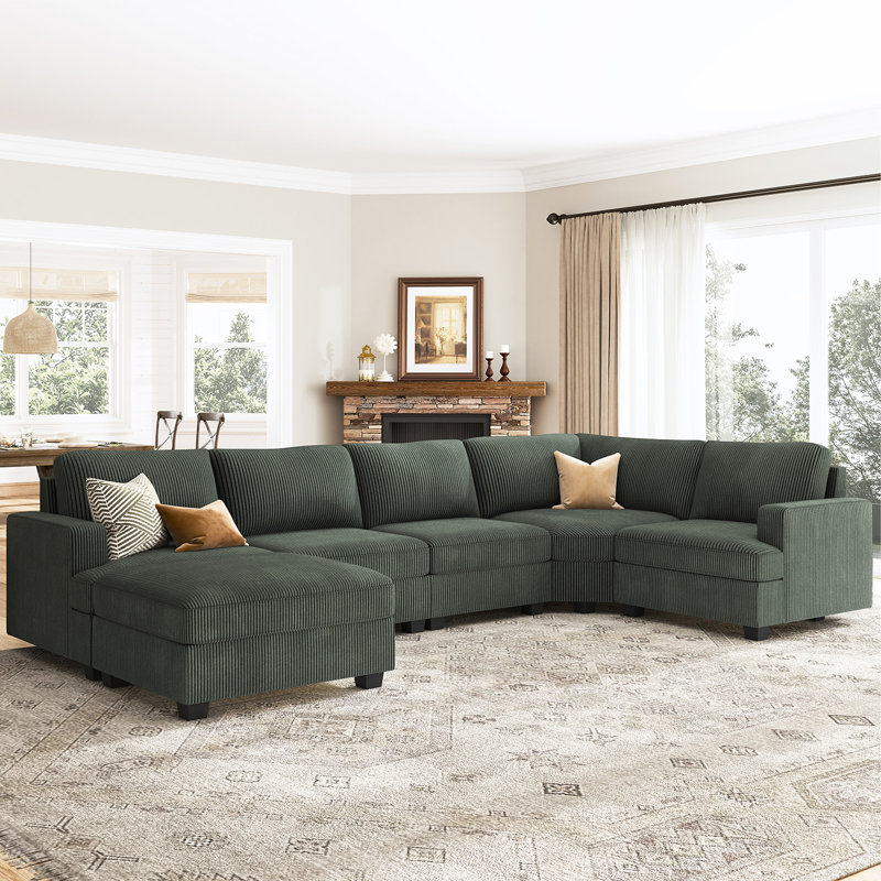 Canapé modulaire en U avec repose-pieds Anureet, Velours côtelé vert, Non