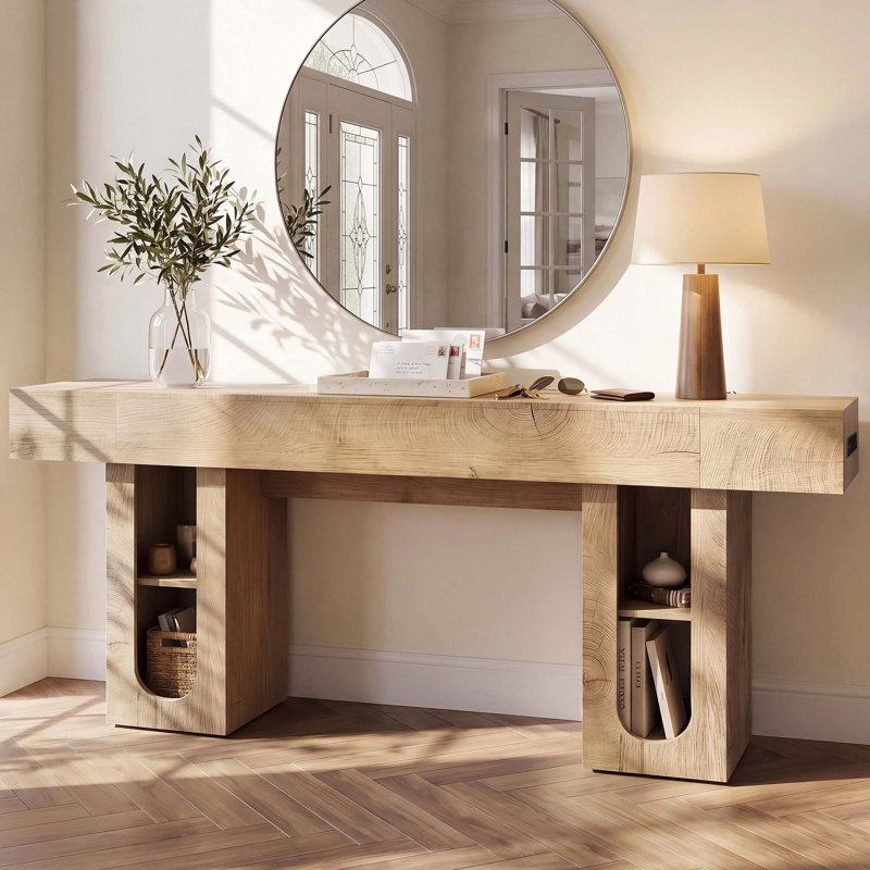 Console longue avec prise de courant intégrée et rangement réglable, Natural