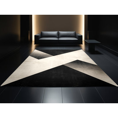 Machine Washable Wynsum Minimalist Geometric Rug in Beige – Black Binding