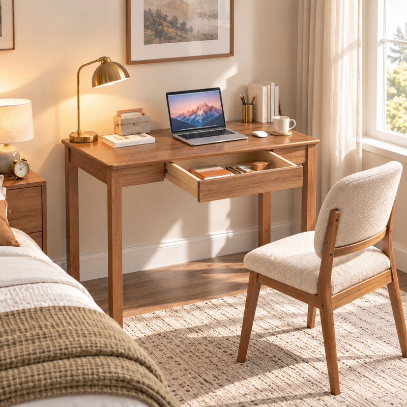 Compact Solid Wood Writing Desk with Drawer Storage for Small Spaces