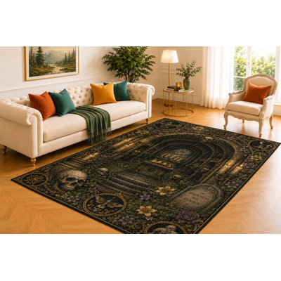 5' x 7' Haunted Crypt Rug, Skull Candle and Ancient Stone Arch Artwork, Smooth Printed Floor Cover for Study, Foyer, Lounge and Macabre Home Decor