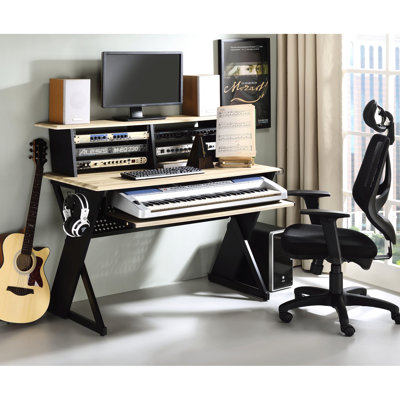 Natural Oak Music Recording Work Desk - Stylish & Practical, Keyboard Tray, Headphone Rack, Build, Ample Storage Space For Construction, Space, Organized Design