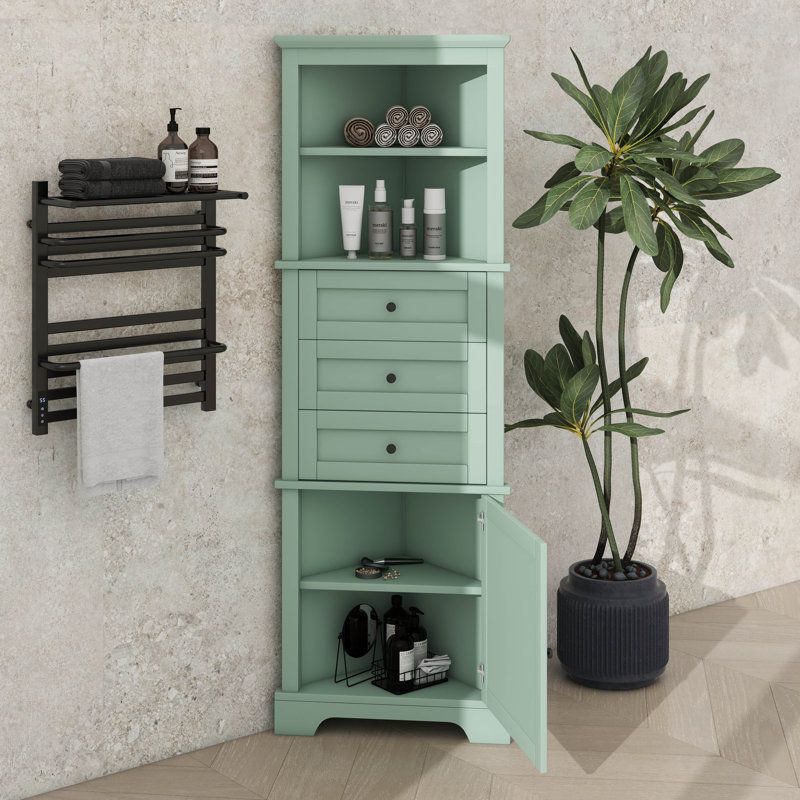 Tall Triangular Corner Cabinet With Triple Drawers And Customizable Shelves For Bathroom Kitchen, Green