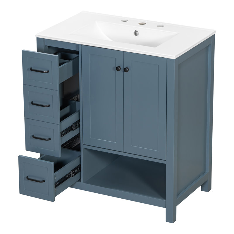30" Bathroom Vanity with Integrated Ceramic Sink Top Solid Wood & MDF Modern Shaker Cabinet Black/White/Grey/Blue-Grey