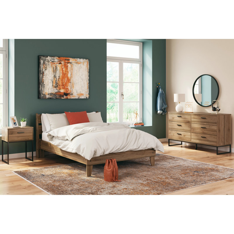 Honey Brown Mid-Century Modern 6-Drawer Dresser with Metal Legs