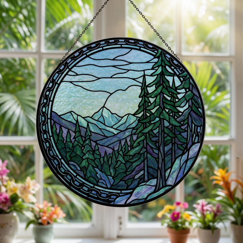12"H Mountain Forest Stained Glass Window Panel, 12" H x 12" W