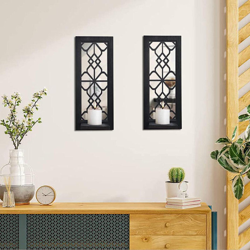 Ensemble de 2 décorations murales porte-bougie en bois 2 pièces, Noir
