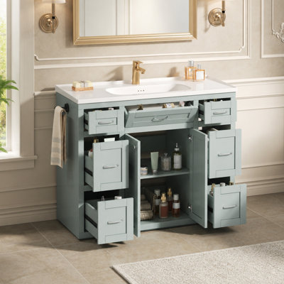 Meuble-lavabo de 122 cm avec lavabo en céramique – 6 tiroirs (3 de chaque côté), tiroir central à ouverture latérale, portes doubles à fermeture amortie, porte-serviettes latéral réversible, poignées argentées, MDF