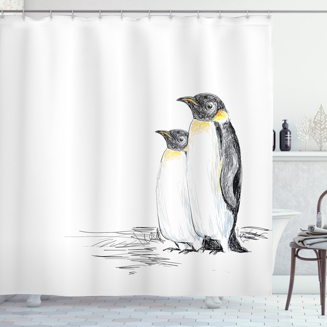 Duschvorhang, Hand Drawn Penguins Kunst, Tier, Weiß Schwarz