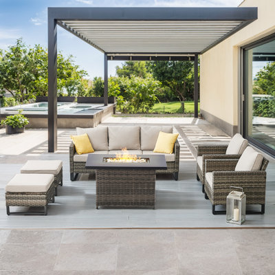 Nazime 5- Person Outdoor PE Wicker Patio Conversation Set with Fire Pit, Ottomans and Cushions