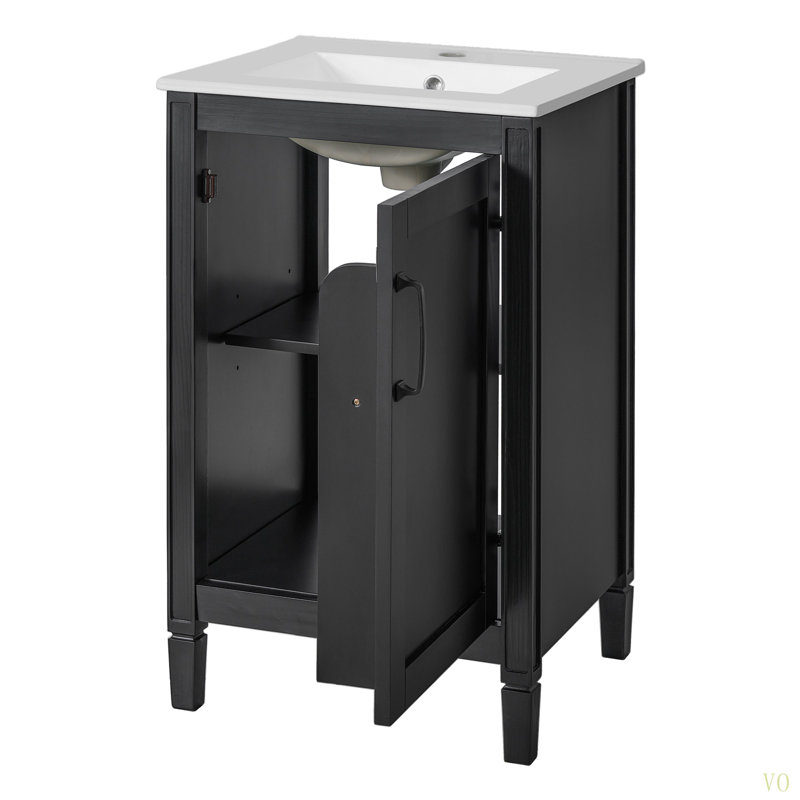 Meuble-lavabo de 20 po avec lavabo en céramique, porte à fermeture douce, tablette réglable en forme de U, support de rangement pour porte, armoire autoportante moderne pour les petites salles de bain