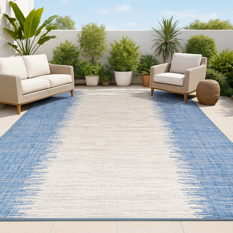 Tapis intérieur / extérieur bleu / beige Cura Modern Strie, Rectangle 3 pi 11 po x 6 pi