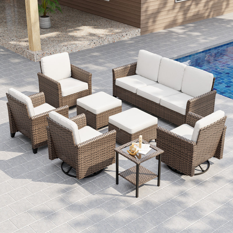 8-Piece 7-Person Mix Brown Rattan Wicker Patio Outdoor Spacious Multiple Chairs Conversation Set Sofa Seating Group with Cushion