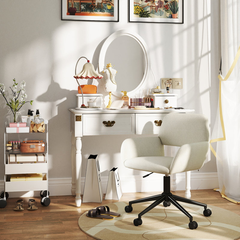 Vanity Chair with Soft Fabric and Compact Design?Dressing chair?Makeup Chair?Dressing Table Chair, White