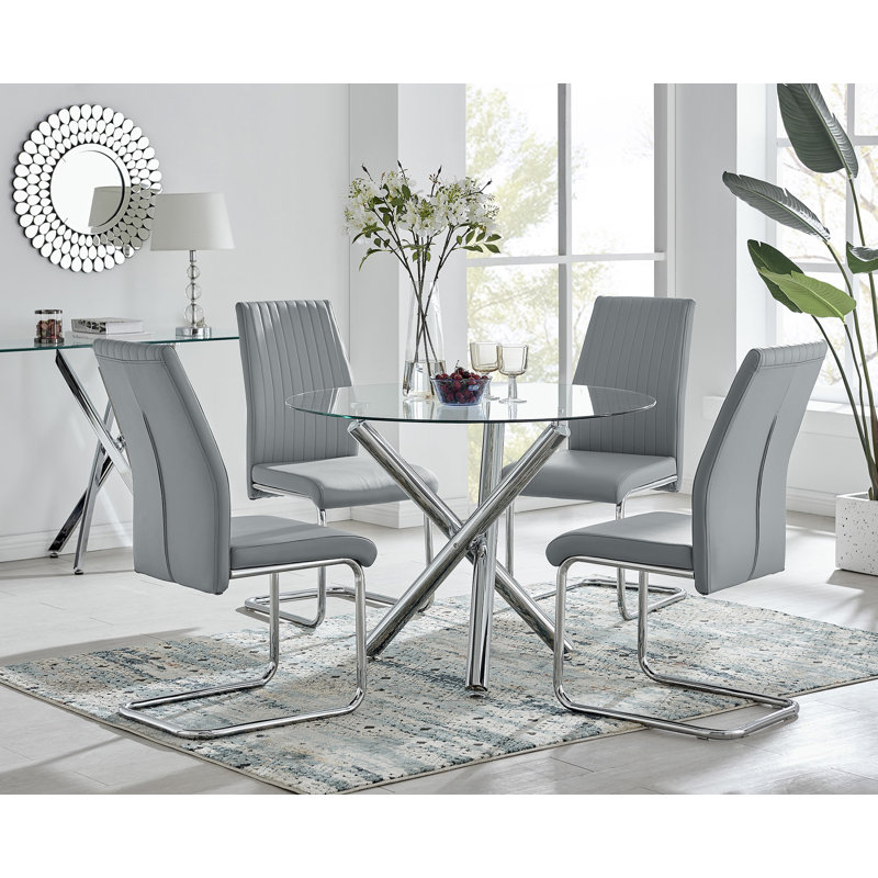 Seline Modern Round Dining Table Set in Glass and Chrome with 4 Upholstered Faux Leather Chairs, Grey