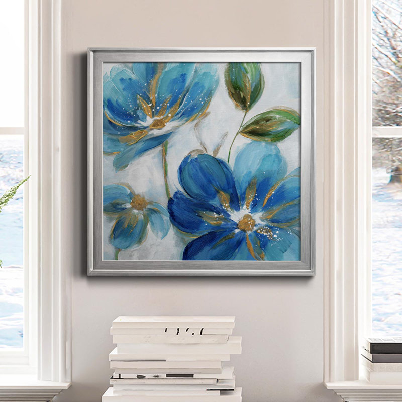 Flowering Blues II - Peinture sur toile encadrée, H 34,5 po x l 34,5 po x P 1,5 po, Argent