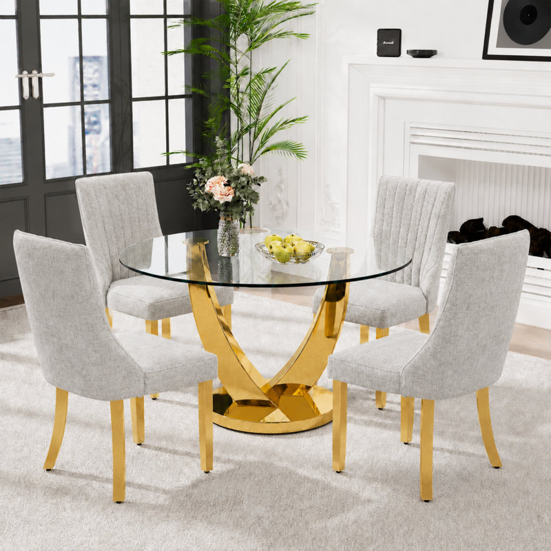 47.2" Round Glass Dining Table Set for 4, Modern 5-Pieces Kitchen Table set, Tempered Glass Table with 4 Chenille Upholstered Chairs, for Kitchen, Dining and Apartment