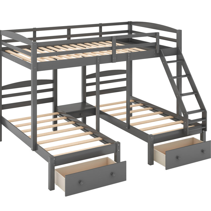 Lit double au-dessus de simple et superposé avec tiroirs en gris - pin massif et construction, conception triple espace, assemblage requis en bois artisanal
