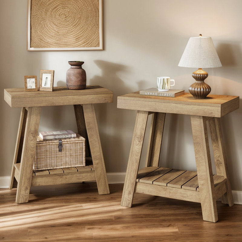 2-Tier Farmhouse Wooden End Table, Side Table with Storage shelves, Nightstand for Living Room and Bedroom, Brown