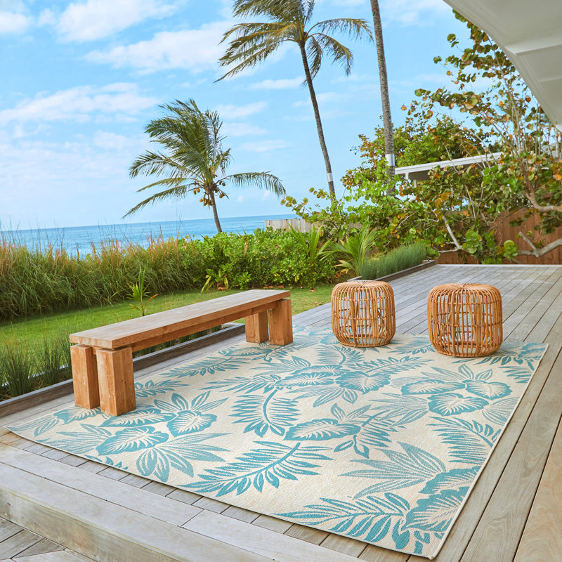 Kona Coast Blue and Beige Tropical Floral Flatweave Rug, 9'x13'