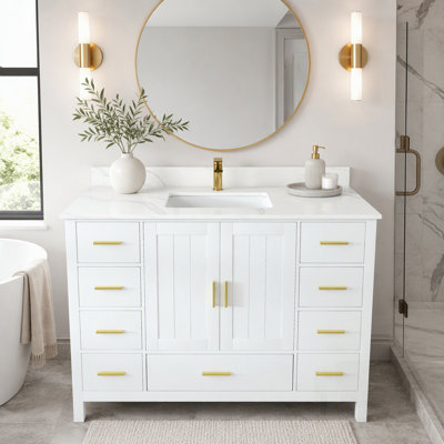 Meuble-lavabo moderne en bois massif avec plateau en quartz de Carrare, portes à fermeture douce et tiroirs spacieux pour un rangement élégant