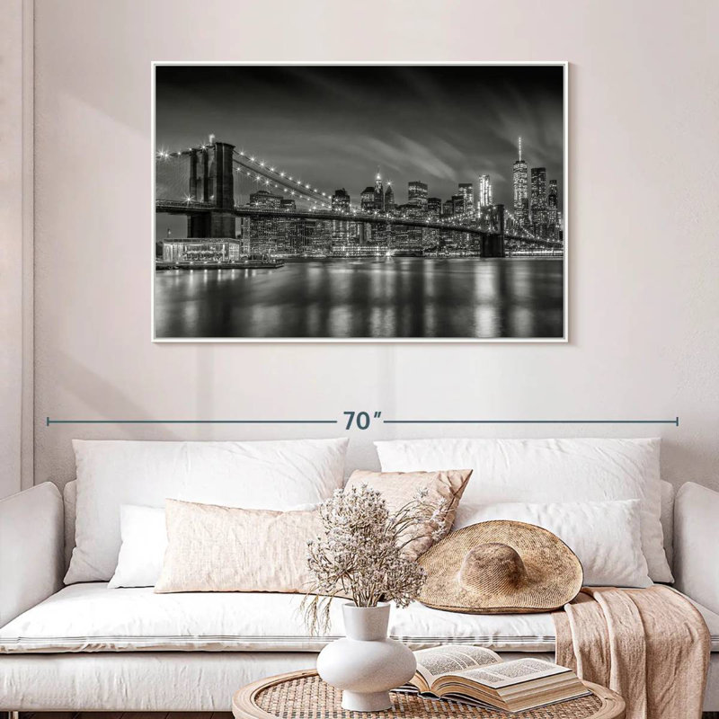 Brooklyn Bridge Nightly Impressions, 46 po x 31 po, Cadre flottant blanc