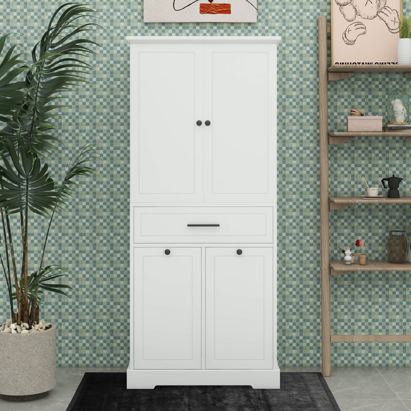 Armoire de rangement autoportante avec tablette réglable et panier à linge, Blanc