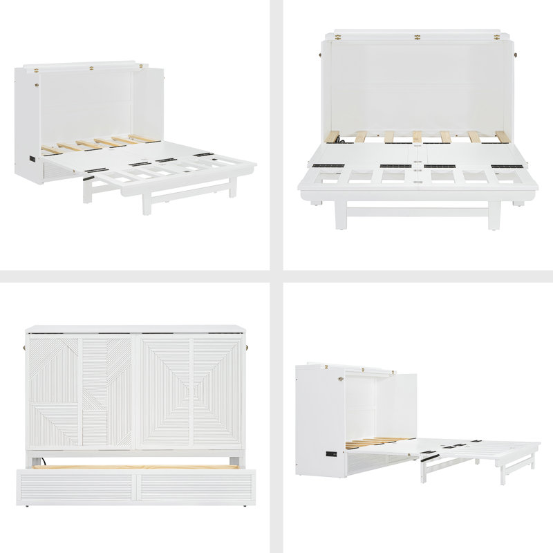 Lit escamotable avec grand tiroir, ports USB et prises USB, Double