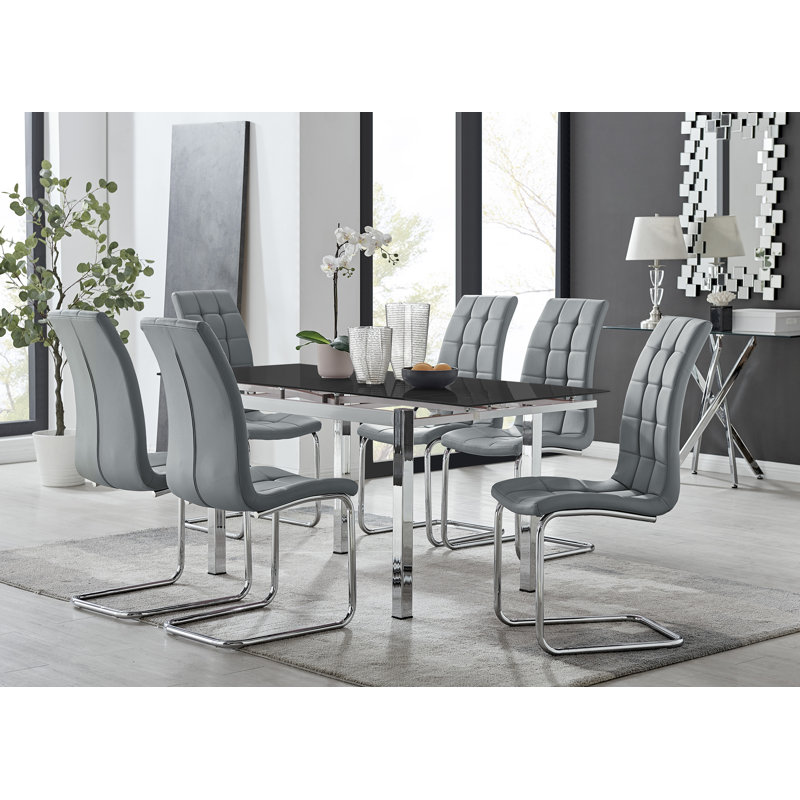 Tierra Modern Glass & Metal Extendable Dining Table Set & 6 Luxury Faux Leather Dining Chairs, Gray/Chrome