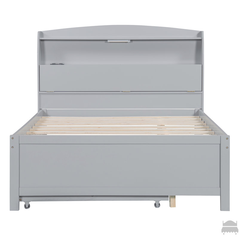 Lit plateforme double en bois avec lit gigogne, tête de lit et tiroirs, Gris
