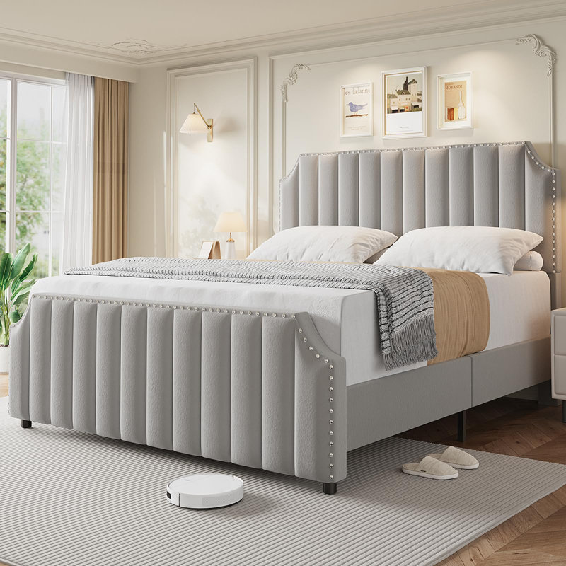 King Size Velvet Bed Frame, 50.2 in Tall Headboard & Footboard, Upholstered Platform King Bed Frame with Nailhead Trim, No Box Spring Needed, Noise Free, Solid Wooden Slats, Grey