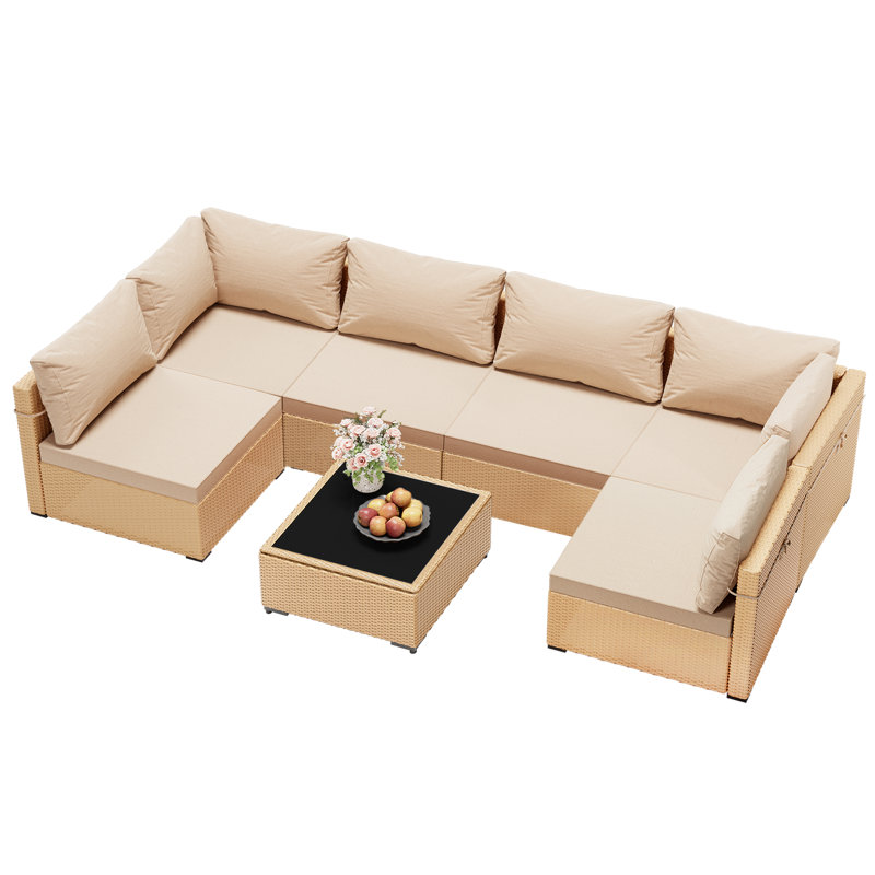 Ensemble de conversation de canapé de patio en rotin 7 pièces avec coussins UPHA, Beige