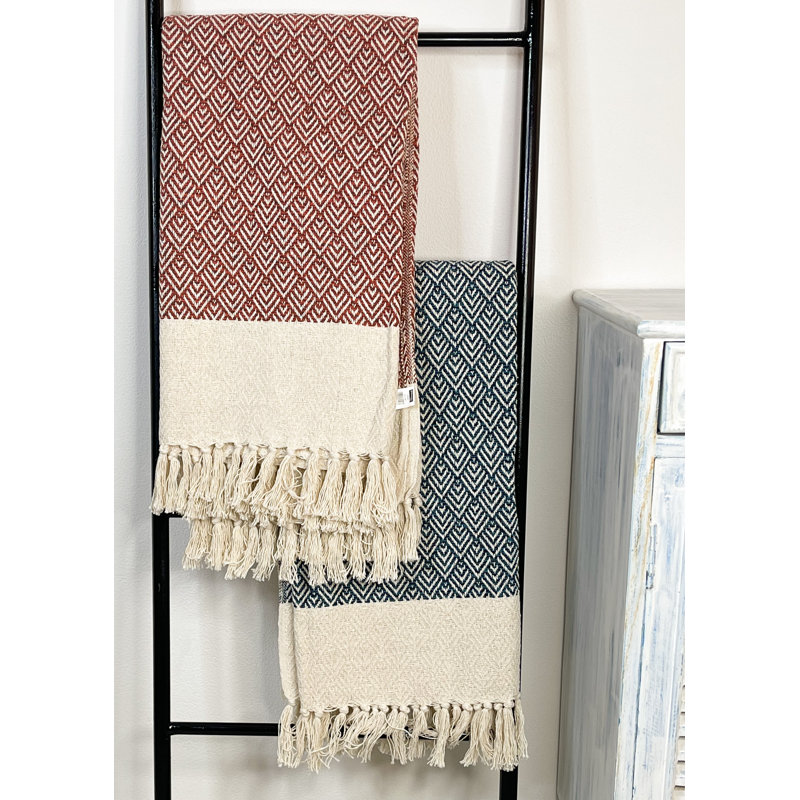Ivory and Teal Blue Cotton Peacock Throw Blanket with Fringe