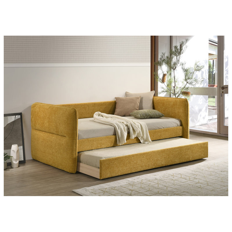 Modern Gold Daybed with Pull-Out Trundle, Button-Tufted Upholstered Frame, Solid Wood Construction, Gold
