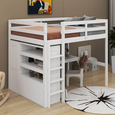 Full Loft Bed With Desk,Shelves And Drawers