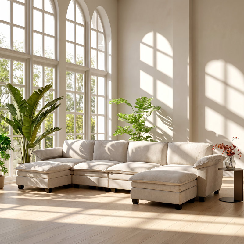 Eucalyptus 157.5" W x 57.1" D x 34.2" H Chenille Four Seater Sectional Sofa with Two Ottomans, Beige Chenille