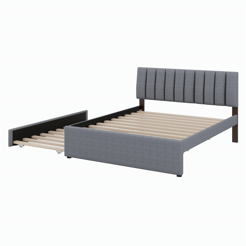 Grand lit plateforme tapissier en molleton avec gigogne, Grand, Gris