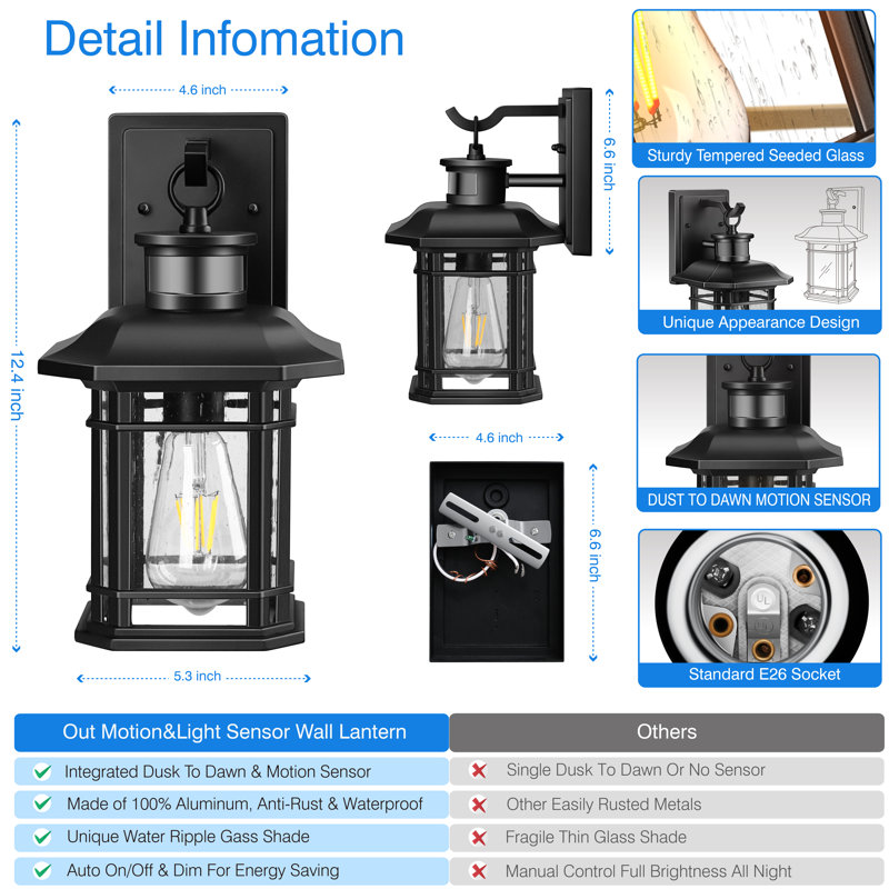 Waterproof Black Outdoor Wall Light with Motion Sensor and Dusk to Dawn, Black