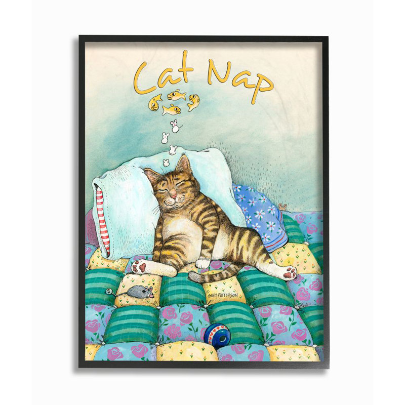 «Cat Nap» par Gary Patterson - reproduction d'art graphique, H 30 po x l 24 po, Giclée encadrée noir minuit