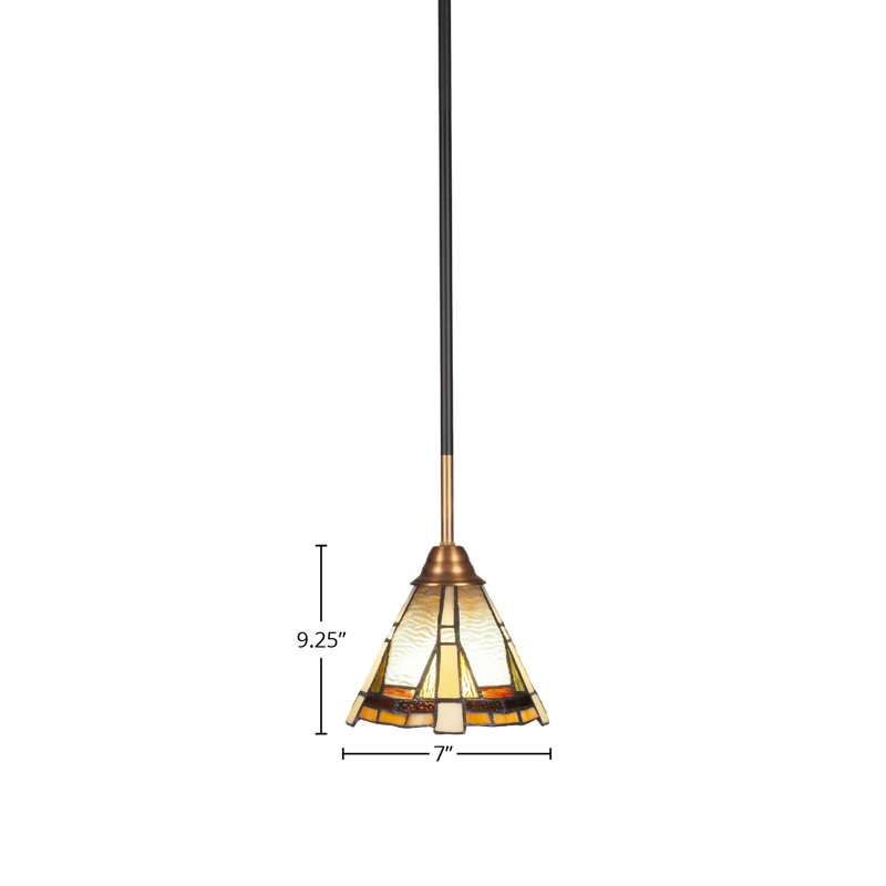 Ahern Stem Hung Pendant Shown In Matte Black & Brass Finish With 7" Zion Art Glass