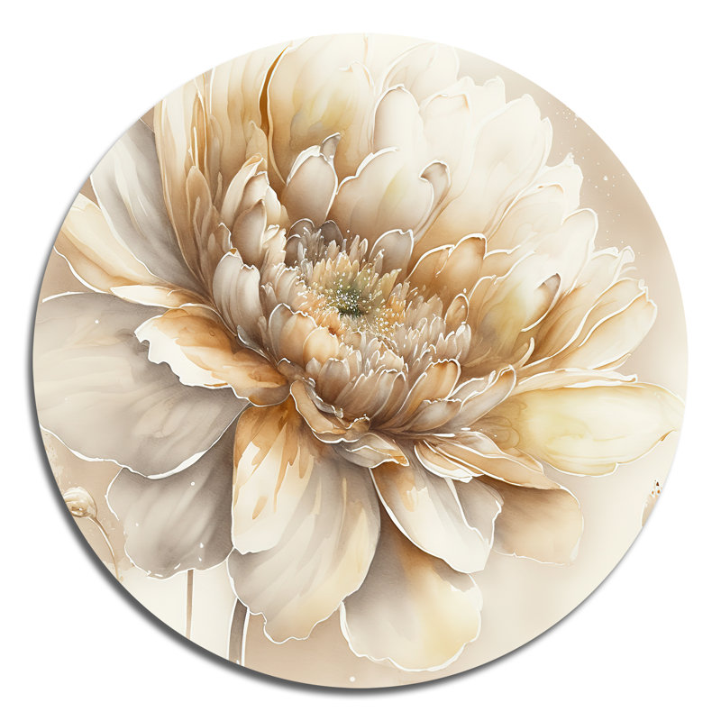 Fleur beige simple V - art floral rond en métal, H 36 po x l 36 po