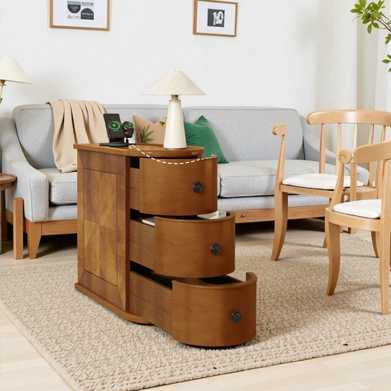 Table de bout en bois d'hévéa avec station de charge et tiroirs, table d'appoint de canapé 23,6 x 10,6 x 23,6 po, sans assemblage