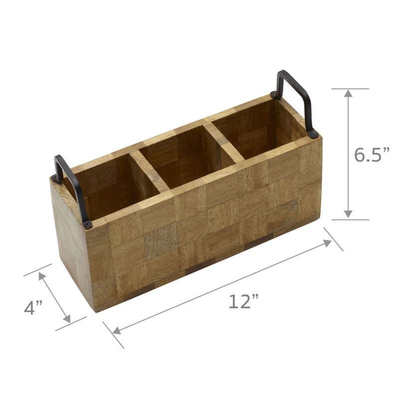 Avery Checkered Mango Wood Flatware Caddy with Iron Handles