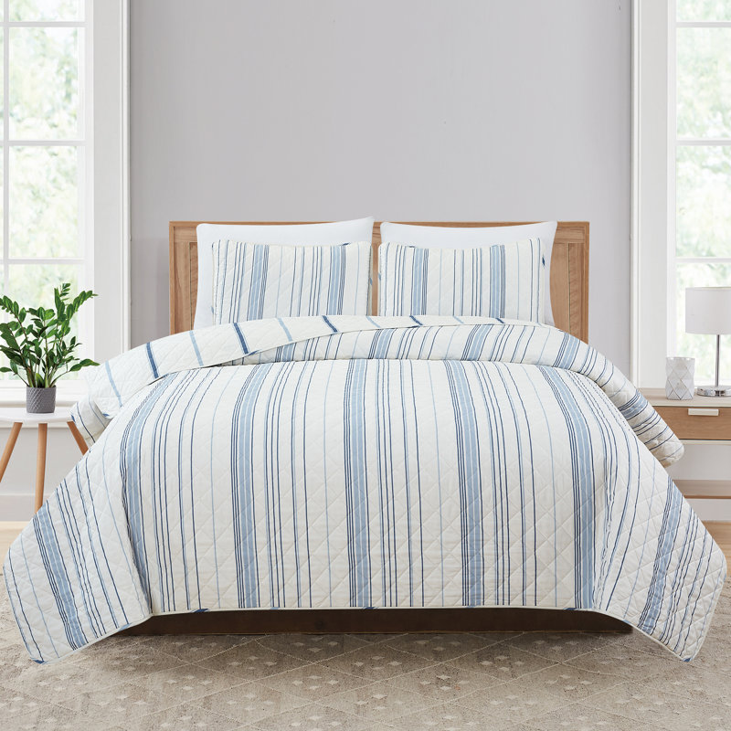 Ensemble de courtepointe réversible en microfibre Sofia, Ivoire / bleu, Courtepointe pour lit simple + 1 taie décorative