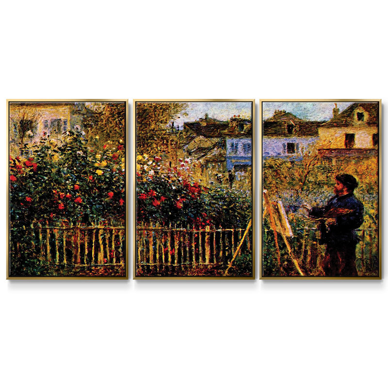 Monet, peinture dans son jardin à Argenteuil, reproduction sur toile 3 pièces, Or, H 40 po x l 78 po x P 2 po